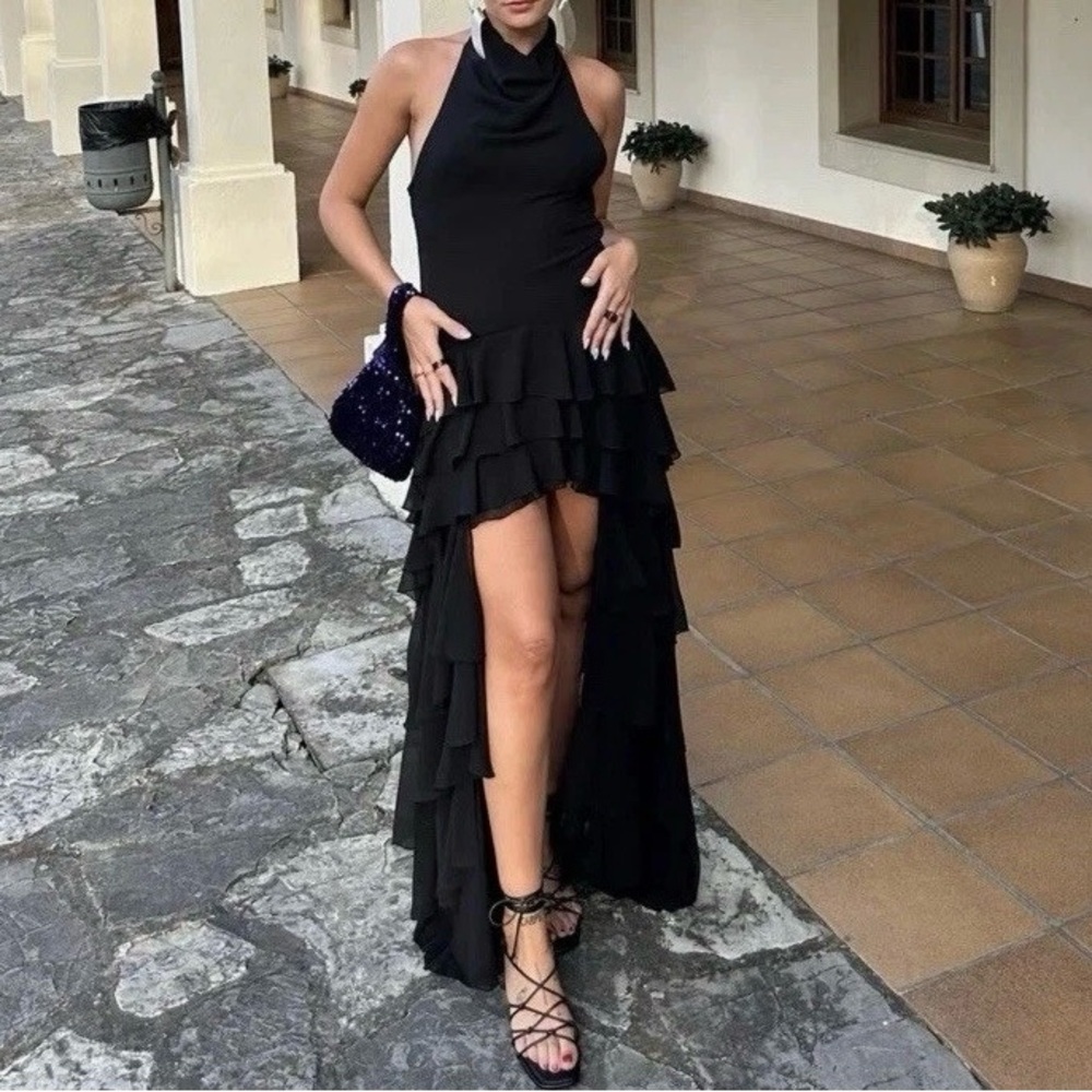 ZARA Elegant Black Ruffled Evening Dress